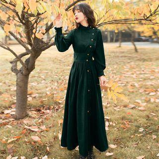 Long-sleeve Frill Trim Maxi A-line Corduroy Dress