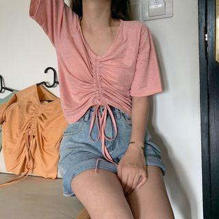 Short-sleeve Drawstring Front Blouse