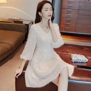 Lantern-sleeve Sequined A-line Dress