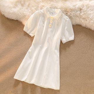Puff-sleeve Contrast Stitched A-line Polo Dress