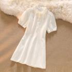 Puff-sleeve Contrast Stitched A-line Polo Dress