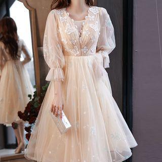 Puff-sleeve Butterfly Embroidered Midi Cocktail Dress