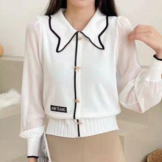 Long-sleeve Contrast Trim Panel Knit Chiffon Blouse