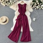 V-neck Plain Wide-leg Sleeveless Jumpsuit