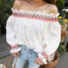 Off-shoulder Stitch-detail Shirred Top