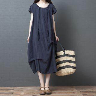 Short-sleeve Asymmetric Crinkled Midi Dress