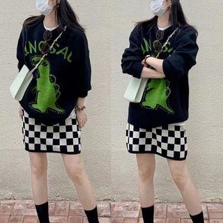 Dinosaur Print Sweater / Checkered Knit Mini Pencil Skirt