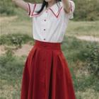 Set: Collared Short-sleeve Shirt + Midi A-line Skirt