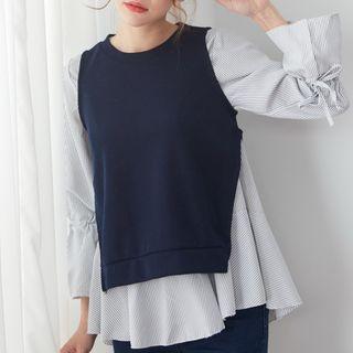 Set: Drawstring Ruffled Hem Striped Top + Slit-side Vest Blue - One Size