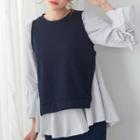 Set: Drawstring Ruffled Hem Striped Top + Slit-side Vest Blue - One Size