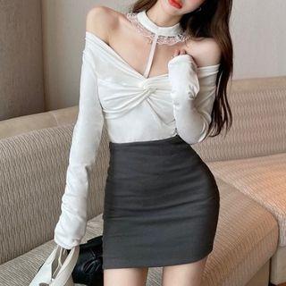 Long-sleeve Off-shoulder Twist Lace Trim Top