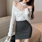 Long-sleeve Off-shoulder Twist Lace Trim Top