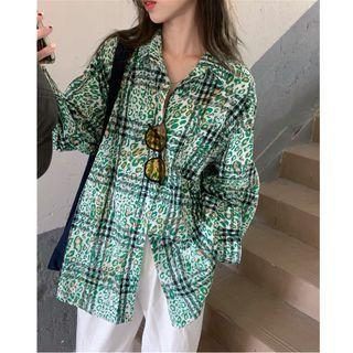 Long-sleeve Leopard Loose-fit Shirt Green - One Size