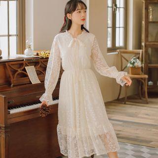 Tie-neck Bell-sleeve Midi A-line Lace Dress