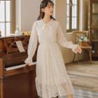 Tie-neck Bell-sleeve Midi A-line Lace Dress