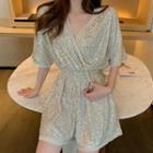 Sequined Elbow-sleeve Playsuit