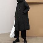 Button-up Hooded Long Down Jacket Black - One Size
