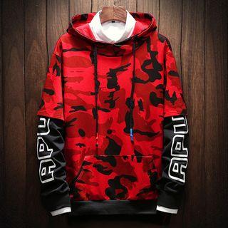 Mock Two-piece Lettering Camouflage Hoodie