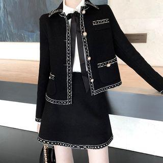 Set: Lace-trim Bow-accent Jacket + Ruffled Skirt