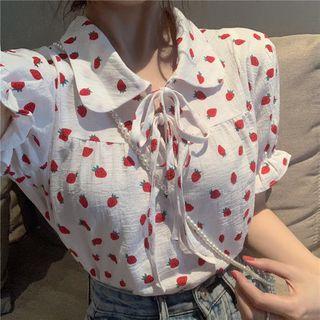 Drawstring Strawberry Printed Blouse As Shown In Figure - One Size