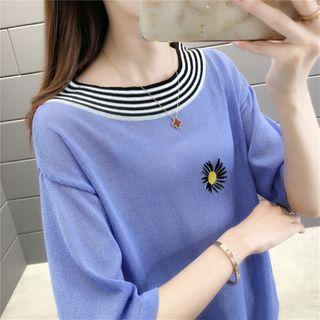 Elbow-sleeve Floral Embroidered Knit Top