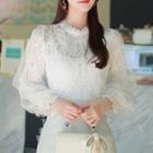 Bishop-sleeve Tulle-overlay Lace Blouse