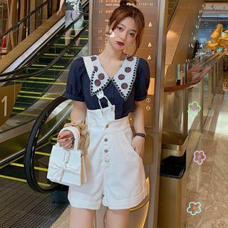 Flower Embroidered Puff-sleeve Blouse / High-waist Shorts