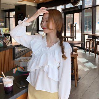 Frill Trim V-neck Long Sleeve Blouse