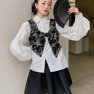 Puff-sleeve Shirt / Floral Print Sweater Vest / A-line Skirt