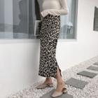 High Waist Leopard Print Slit Midi Pencil Skirt Black & White - One Size