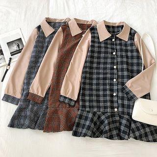 Color-block Plaid Panel Long-sleeve Dress