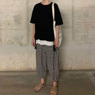 Mock Two-piece Elbow-sleeve T-shirt / Gingham Cropped Harem Pants