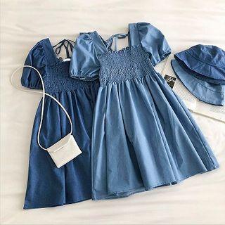 Plain Square-neck Frilled Lace-up Puff-sleeve Dress