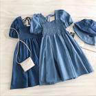 Plain Square-neck Frilled Lace-up Puff-sleeve Dress