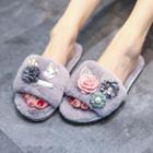 Non-matching Floral Furry Slide Sandals