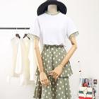 Set: Lace Trim Short-sleeve T-shirt + Dotted Midi Tiered Skirt