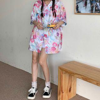 Elbow-sleeve Print Shirt Pink & White - One Size
