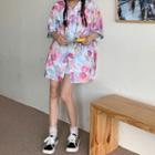 Elbow-sleeve Print Shirt Pink & White - One Size