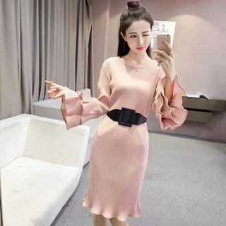 Ruffle Trim Long Sleeve Midi Dress