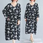 Long-sleeve Floral Midi Shift Dress As Shown In Figure - One Size