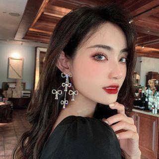 Rhinestone Bow Drop Earring 1 Pc - Silver - One Size