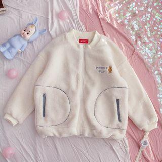 Japanese Character Fleece Zip-up Jacket Blue Lettering & Brown Bear - White - One Size