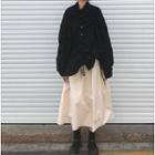 Long-sleeve Drawstring Shirt / High-waist Plain Skirt