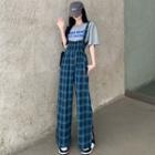 Elbow-sleeve Lettering T-shirt / Plaid Suspender Pants