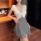 Short-sleeve Cut-out Check Panel Mini A-line Dress