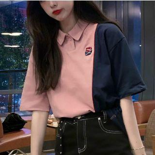Color Block Embroidered Elbow-sleeve Polo Shirt