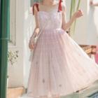 Bell-sleeve Off-shoulder Frill Trim Crop Top / Tie-strap Pleated Midi A-line Dress