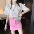 Elbow-sleeve Embroidered T-shirt / Mini A-line Skirt / Belt Bag