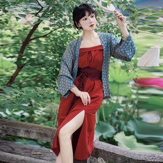 Set: Spaghetti Strap Dress + Print Cardigan + Belt