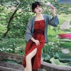 Set: Spaghetti Strap Dress + Print Cardigan + Belt